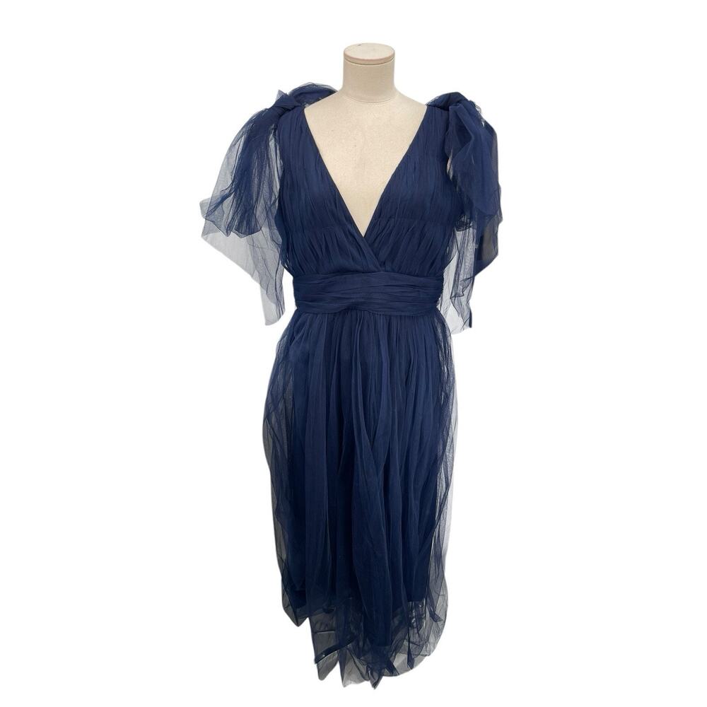 NWT Karen Millen Tulle Dress Tie Straps Plunge Midi Navy Blue Size US 10